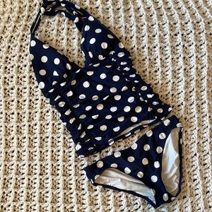 Navy blue and white polka dot tankini